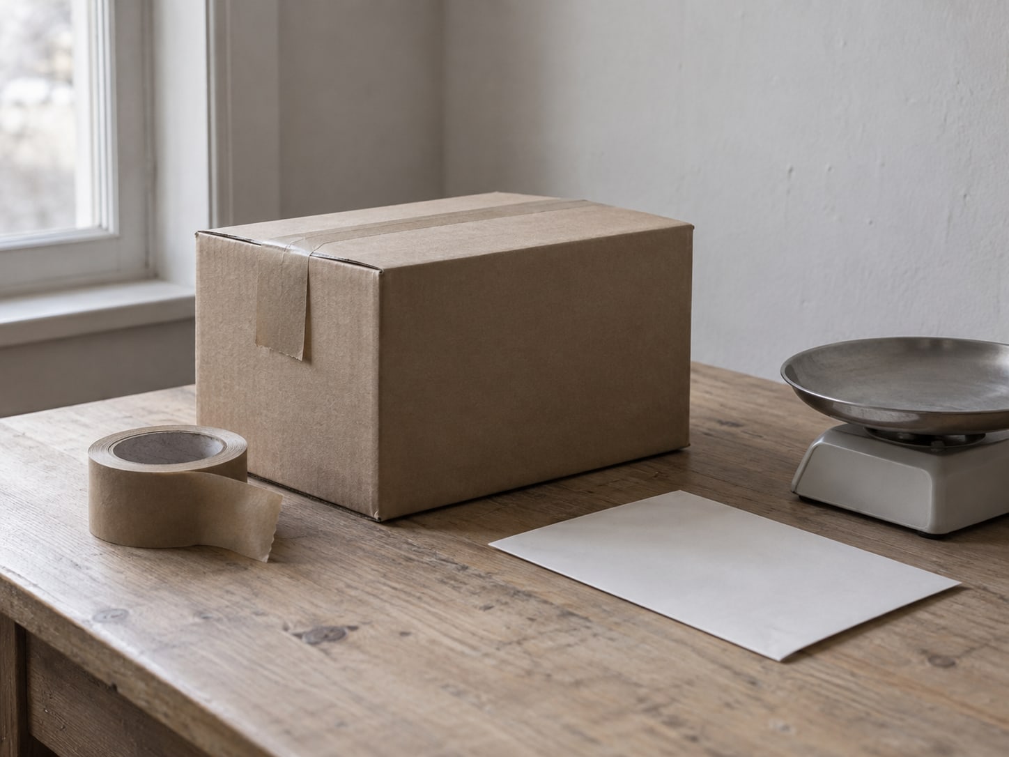 Una caja de cartón para envíos con la cinta a medio colocar junto a un comprobante de devolución en blanco y una báscula de cocina.