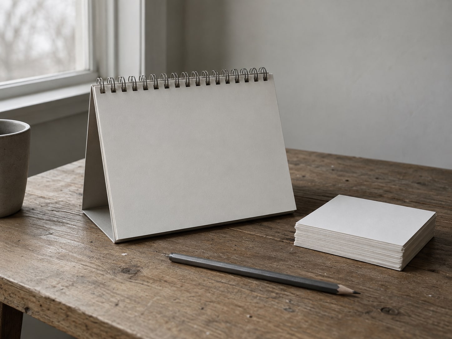 Un calendario de escritorio con páginas en blanco junto a un lápiz y una pequeña pila de fichas.
