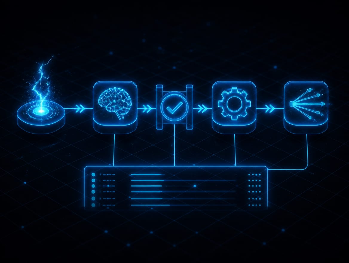 A workflow moving from trigger to AI step to a rule to an action, with a log running alongside and a human approval gate.