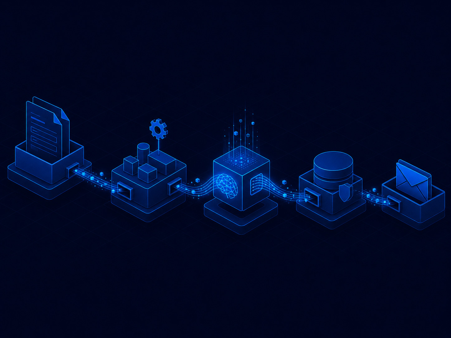 Ordinary building blocks connected in a line: a form, a workflow platform, a record, a message, with an AI step slotted in where language lives.