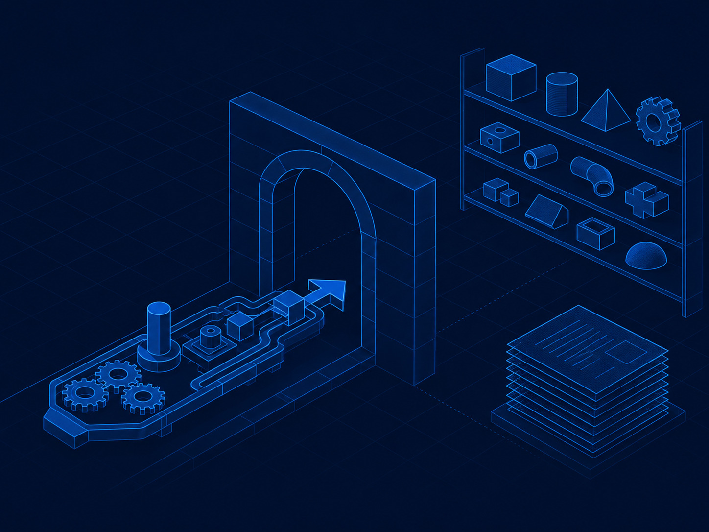 A single built workflow handed across, set against a shelf of rented tools and a stack of filed reports.