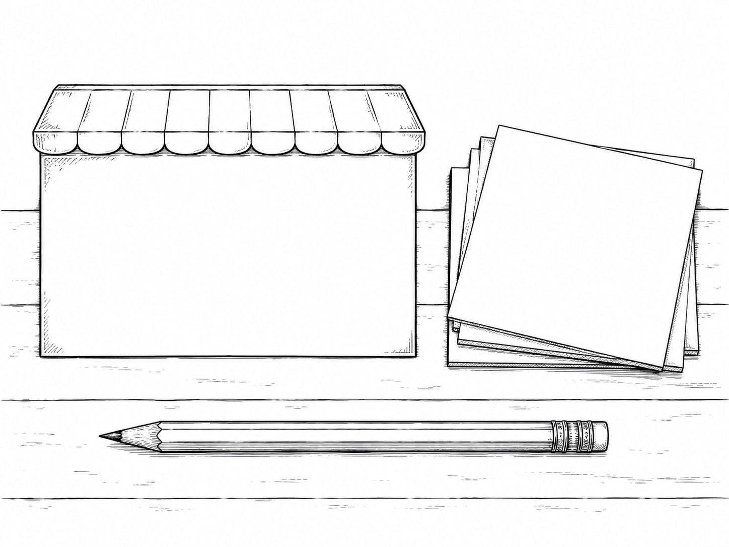 A blank storefront-style card and a stack of unlabeled paper squares on a worn table beside a pencil.