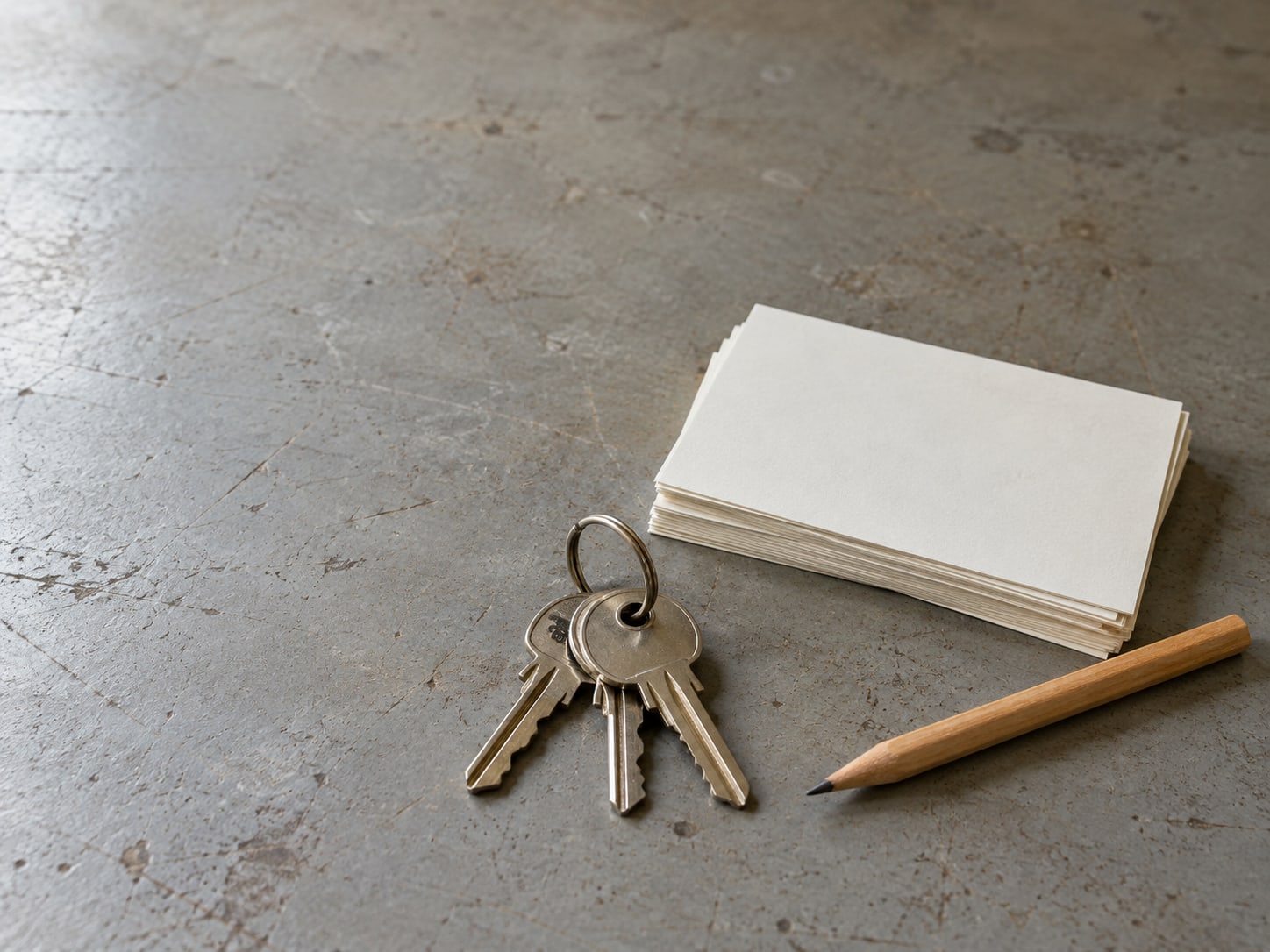 A ring of keys beside a small stack of blank index cards and a pencil on a plain tabletop.