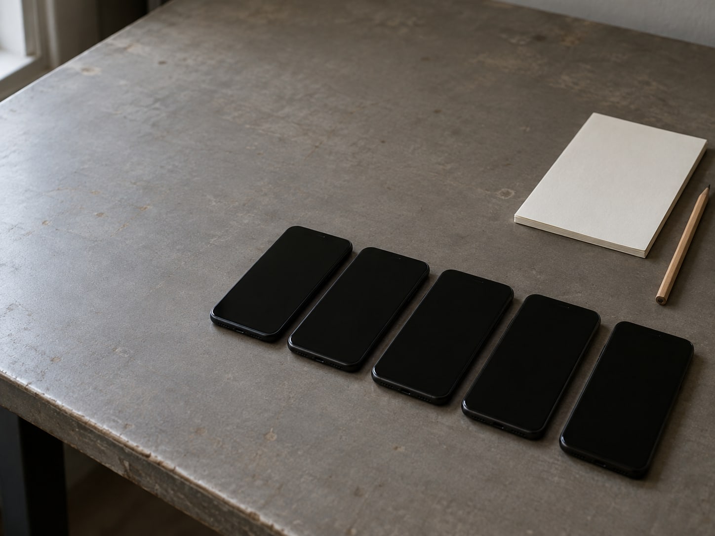 Several switched-off Android phones lined up in a row on a plain table beside a blank notepad and a pencil.