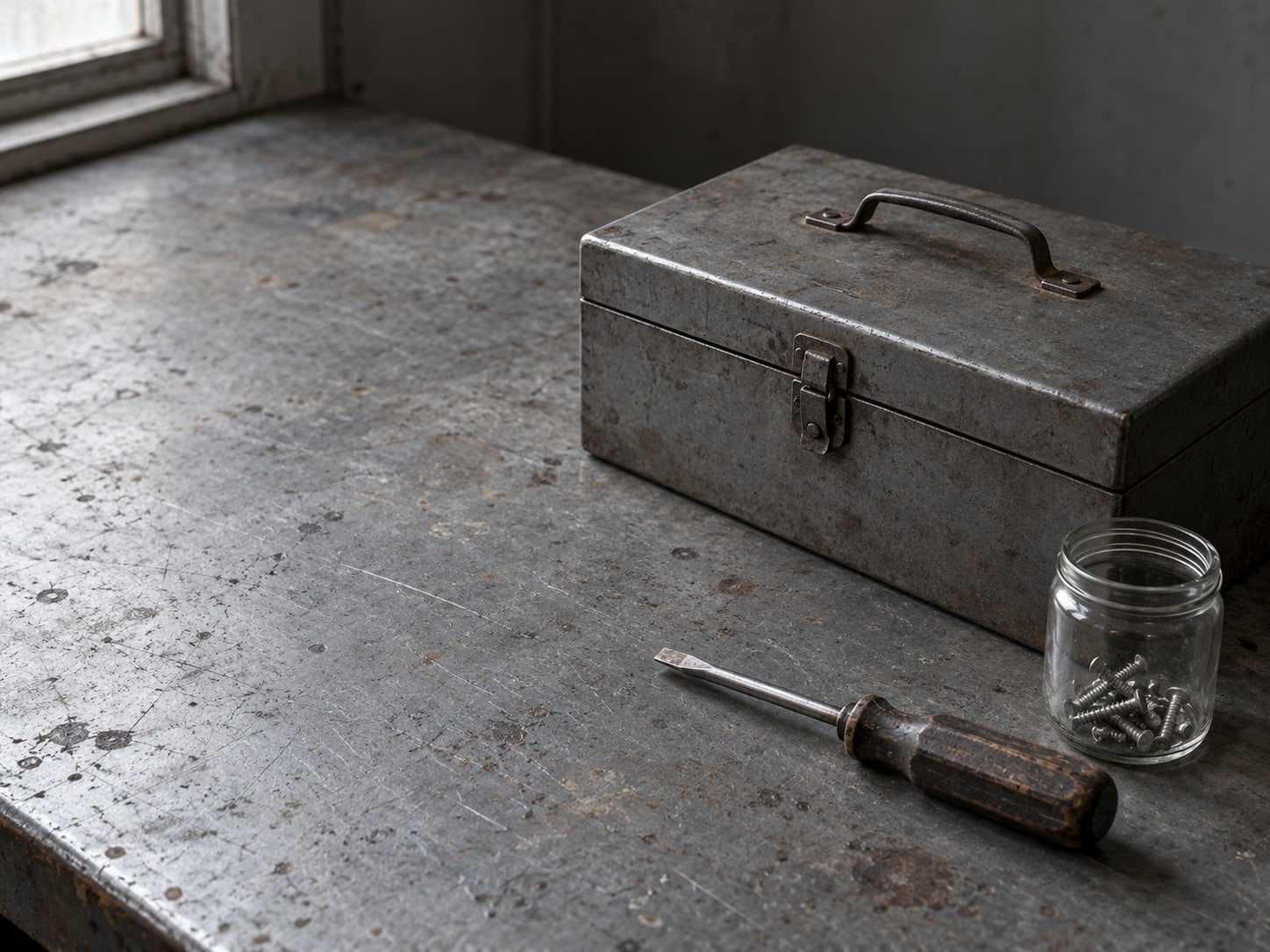 Una caja de herramientas cerrada junto a un destornillador desgastado y un frasco pequeño de tornillos sobre un banco de trabajo.
