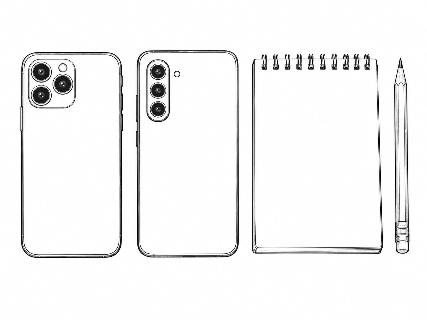Dos teléfonos boca abajo, uno al lado del otro sobre un escritorio, junto a una libreta en blanco y un lápiz afilado.