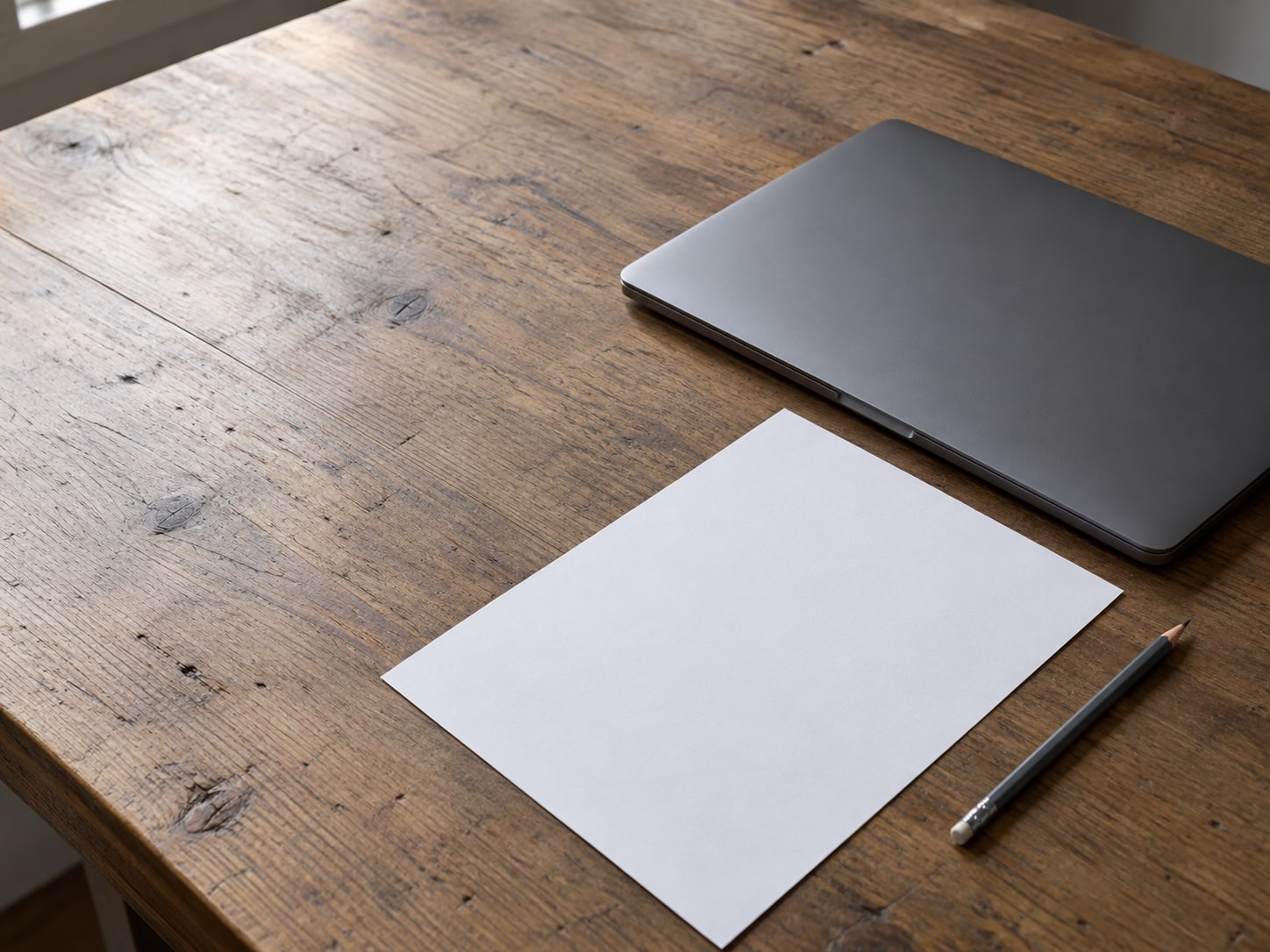 Una laptop cerrada junto a una hoja en blanco y un lápiz, sobre un escritorio de madera.