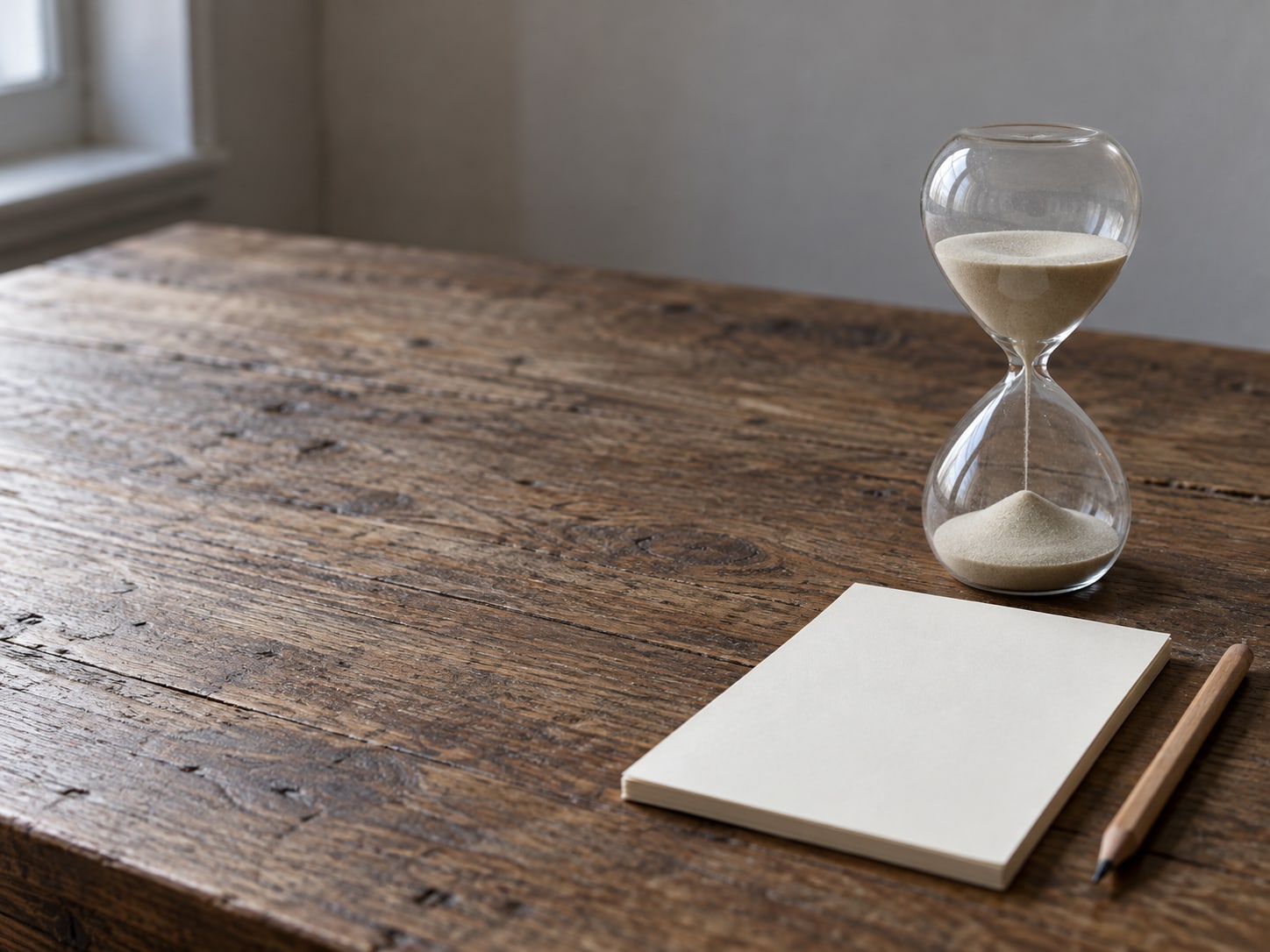 Un reloj de arena pequeño junto a una libreta en blanco y un lápiz, sobre un escritorio de madera.