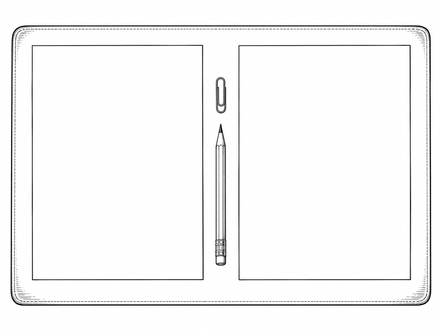 Two blank sheets of paper side by side on a desk with a paperclip and a pencil between them.