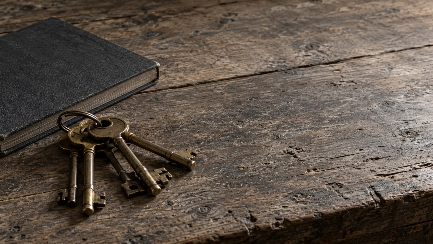 A ring of brass keys resting on a worn wooden desk beside a closed notebook.