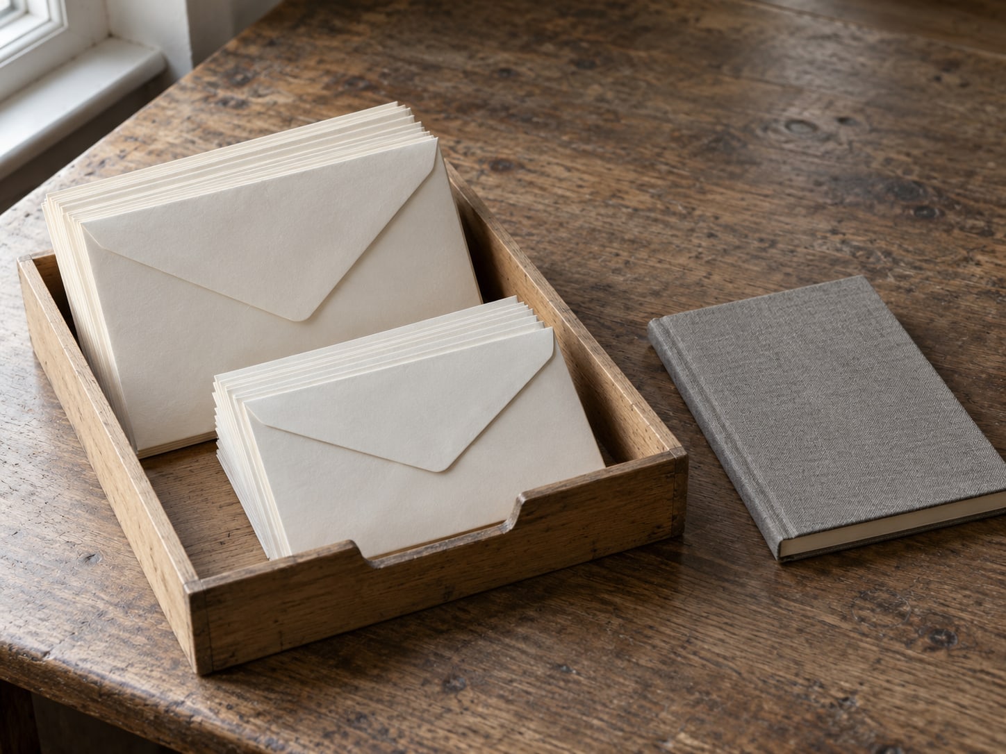 A wooden letter tray holding sealed envelopes of different sizes sorted into two neat stacks beside a closed notebook.