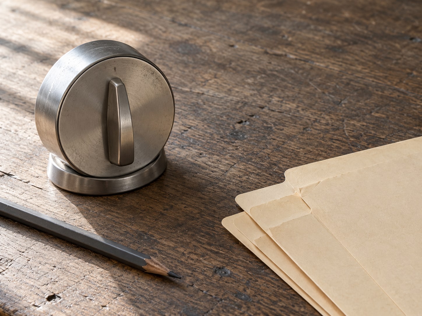 A kitchen timer, a pencil and a small stack of folders with blank tabs on a worn desk.