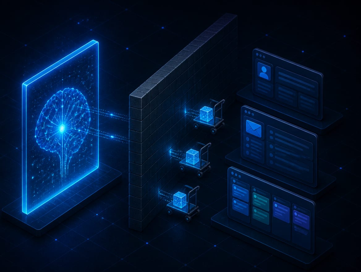 An AI on one side of a wall, the CRM and inbox on the other, with data being carried back and forth by hand.
