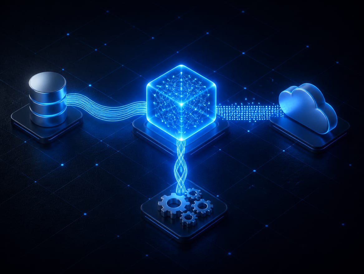 A central AI node wired by clean labeled cables to a CRM, an inbox, a calendar, and a payments system.