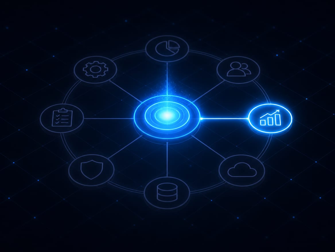 A hub of business systems with one workflow lit up as the first one safely connected.