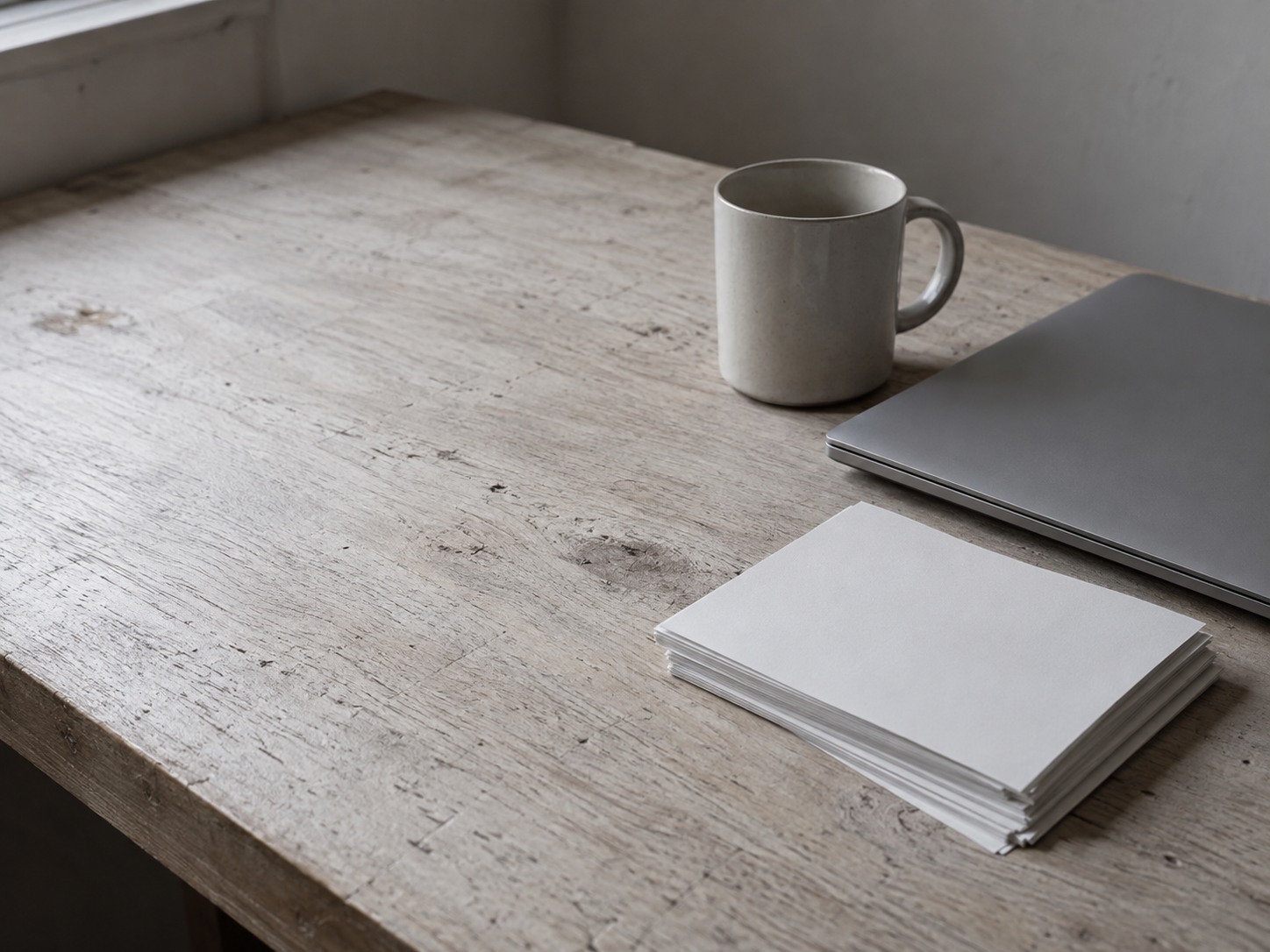 Una pequeña pila de volantes impresos en blanco sobre un mostrador de madera desgastado, junto a una laptop cerrada y una taza de cerámica.