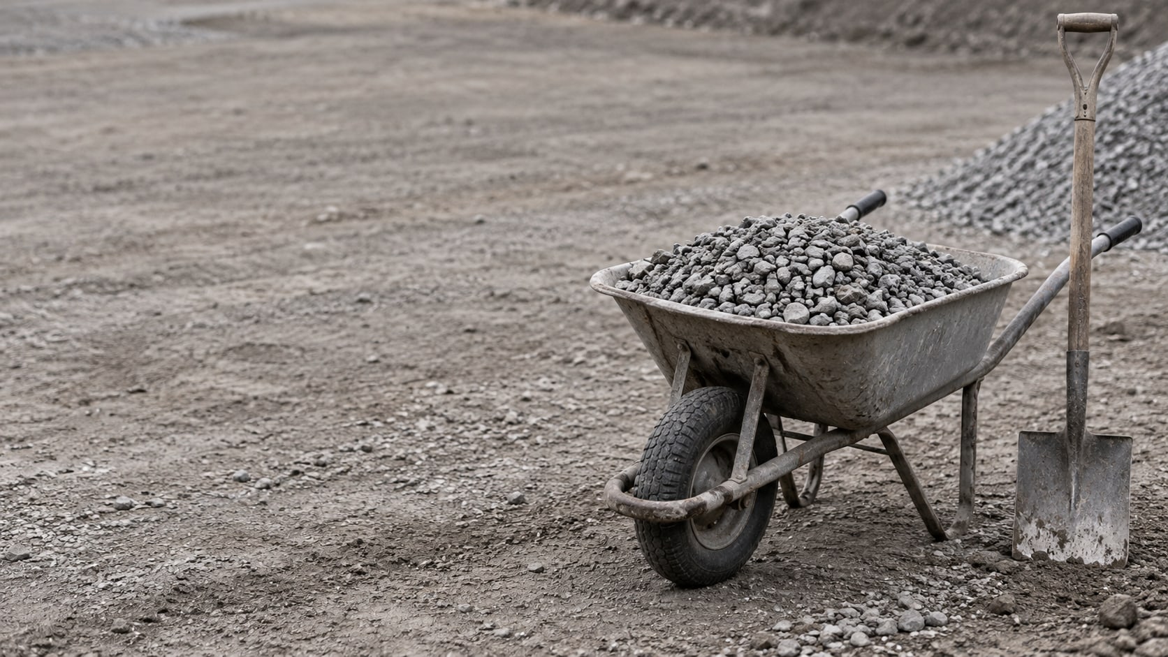 A wheelbarrow of loose gravel beside a shovel standing upright in packed earth.