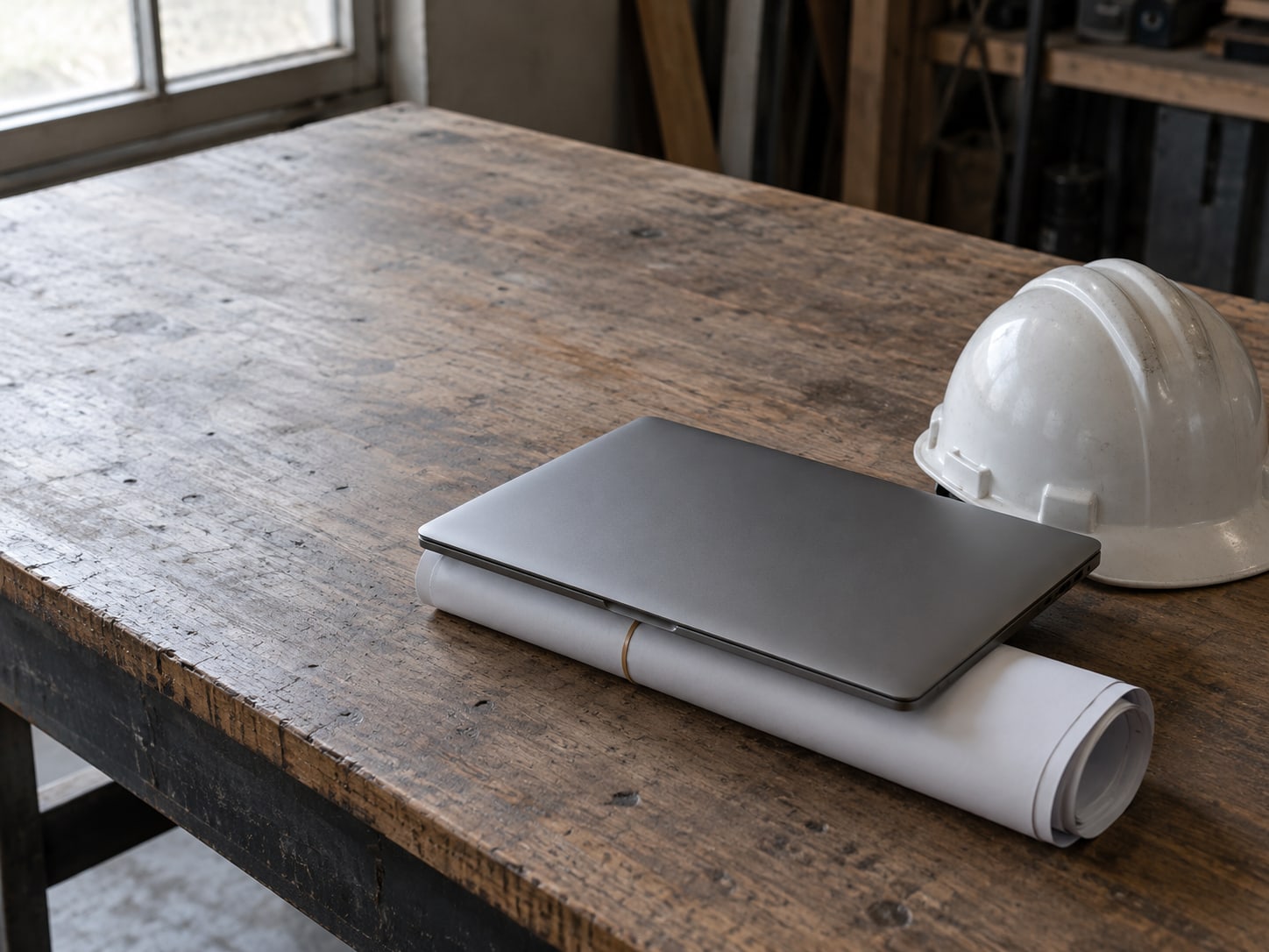 A closed laptop resting on a roll of blank plan paper held by a rubber band, next to a plain hard hat on a workshop table.