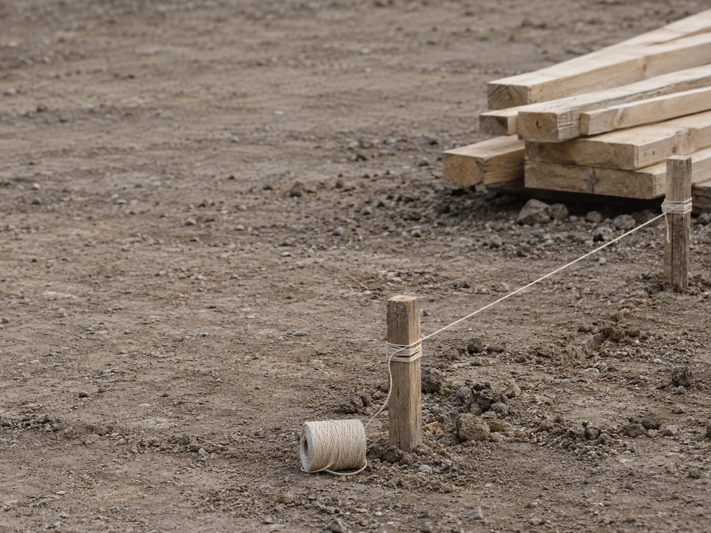 A coil of string tied between two wooden stakes on bare ground, with a pile of cut lumber nearby.