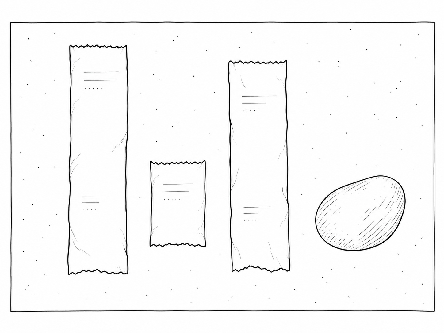 Tres recibos de papel comunes, de distinto largo, puestos uno al lado del otro sobre una encimera de pizarra junto a una piedra de río gris y lisa, con la impresión demasiado tenue para leerse.