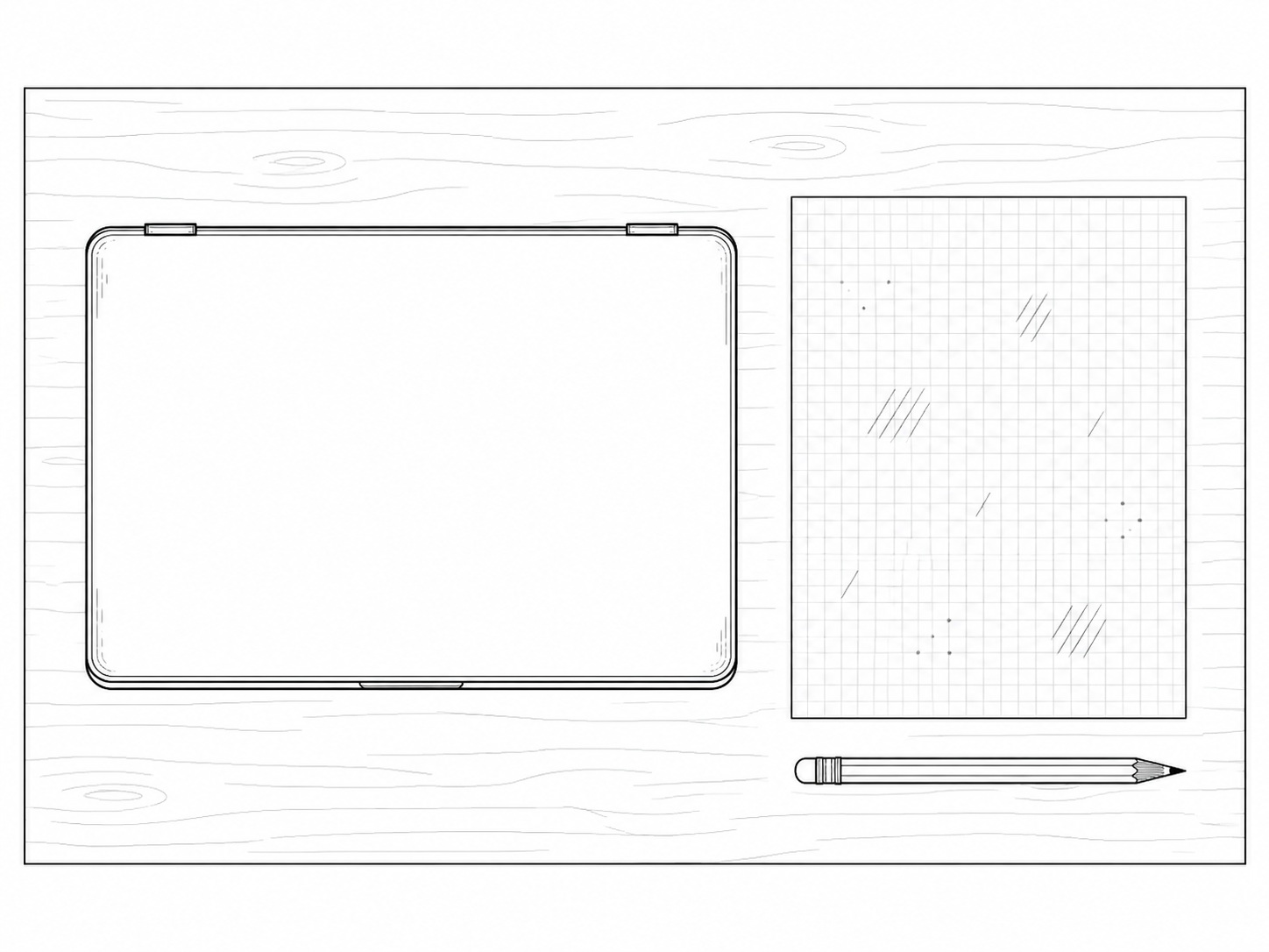 Una laptop cerrada junto a una sola hoja de papel cuadriculado cubierta de marcas tenues e ilegibles a lápiz y un lápiz afilado sobre un escritorio de roble claro.