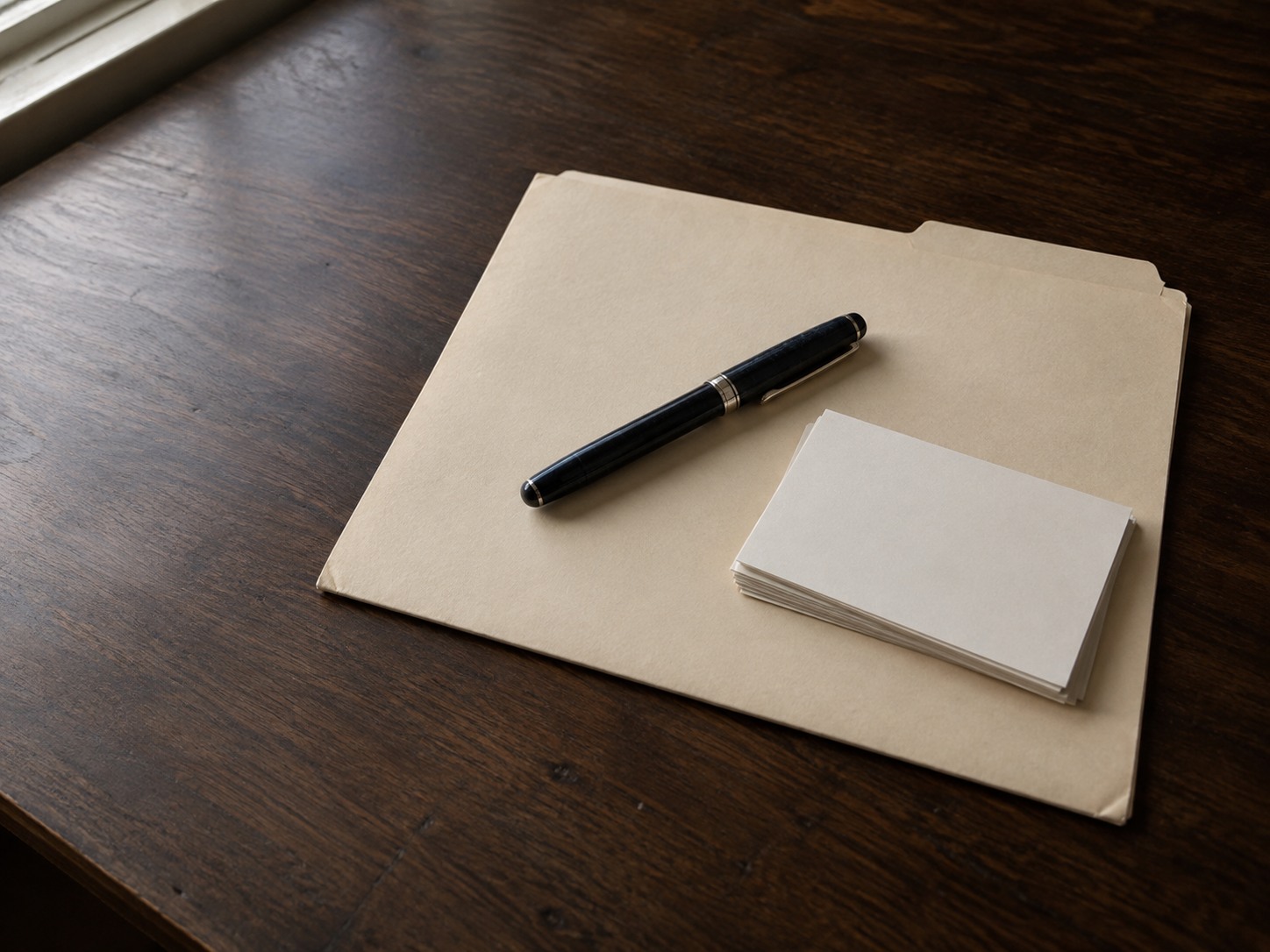 Una carpeta manila cerrada, alineada sobre un escritorio de nogal, con una pluma fuente con capuchón cruzada sobre ella y una pequeña pila de fichas en blanco al lado.
