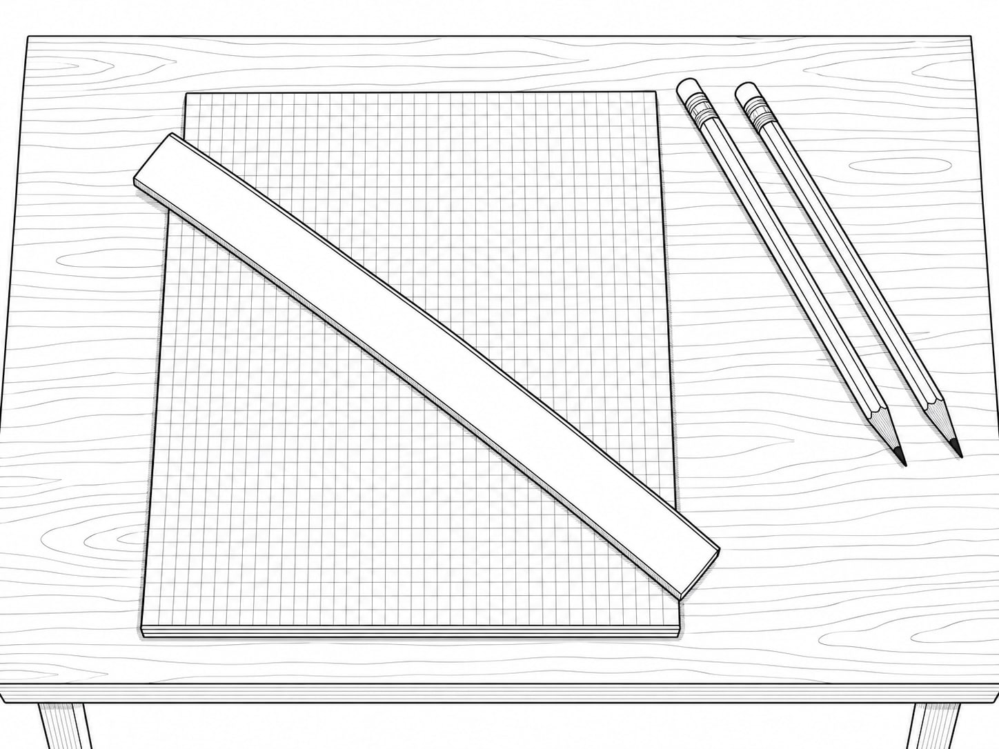 A pad of graph paper with a ruler and two colored pencils lying across it on a pale desk.
