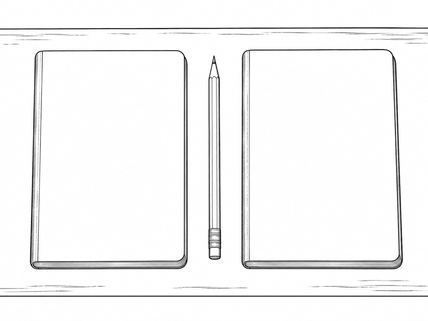 Two closed notebooks lying side by side on a pale wooden desk with a pencil between them.