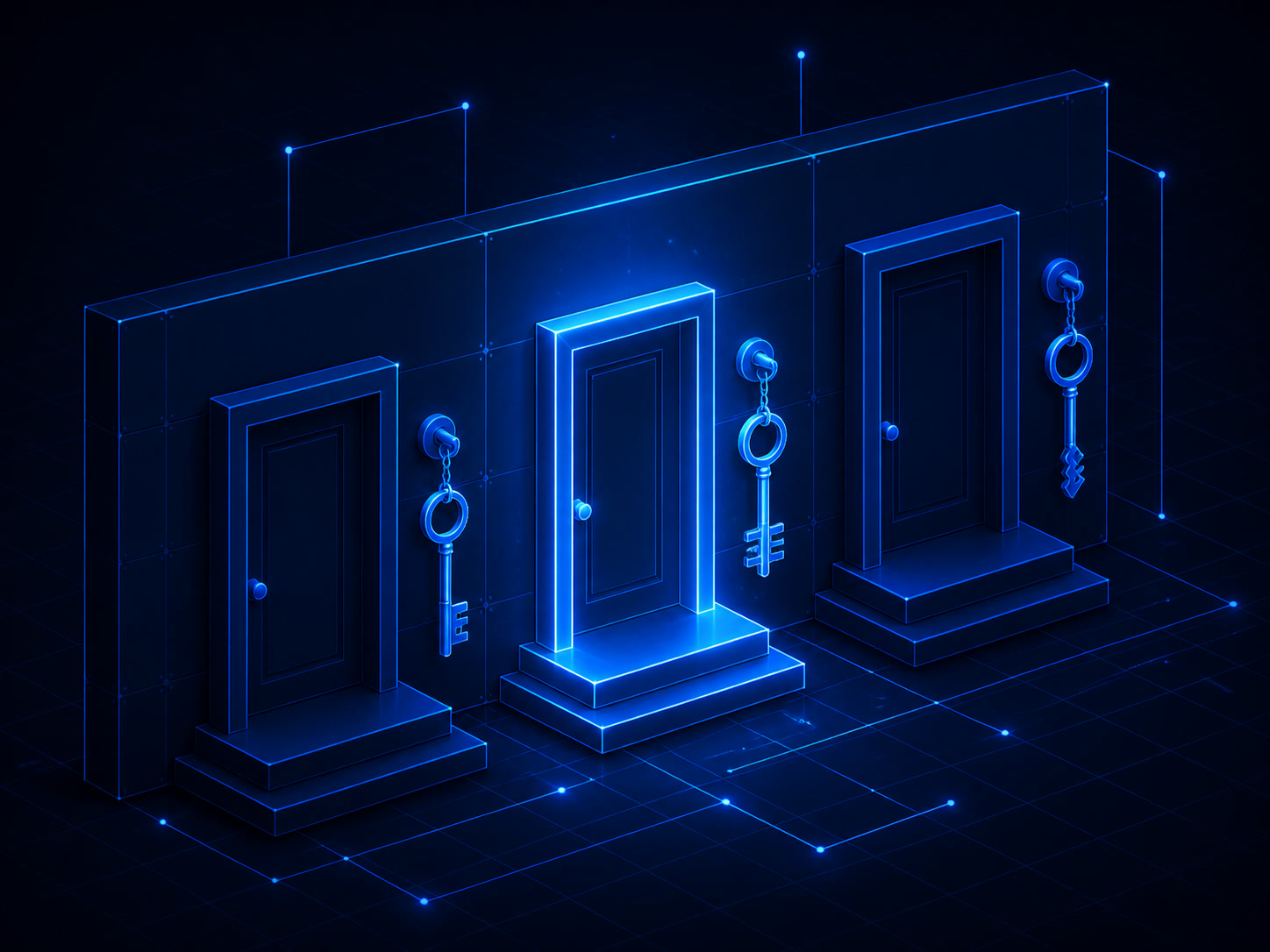 Three identical doors set in one wall, each with a different key hanging beside it, the keys visibly cut to different shapes.