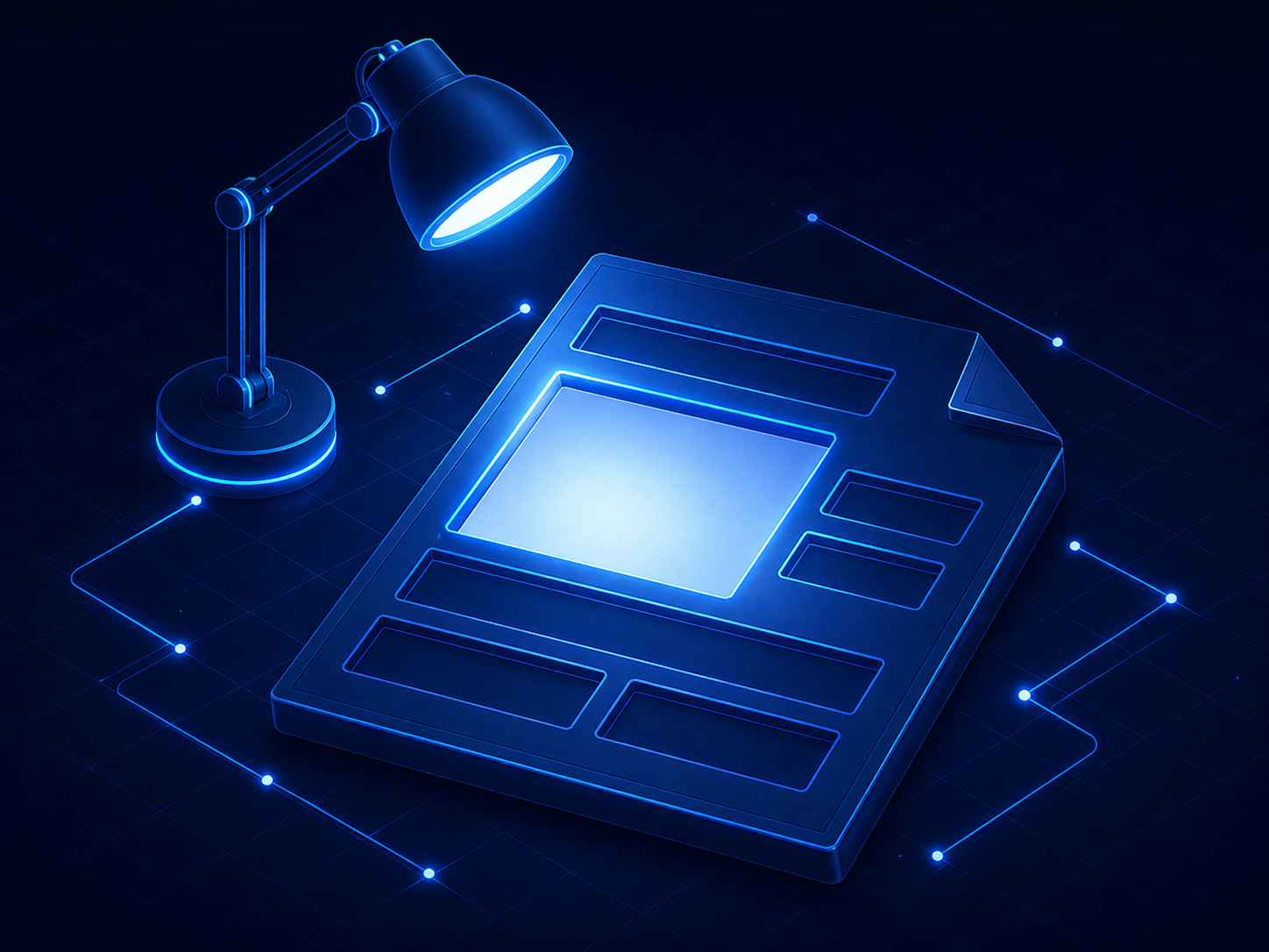 A proposal document with several fields left visibly blank, sitting under a plain lamp.