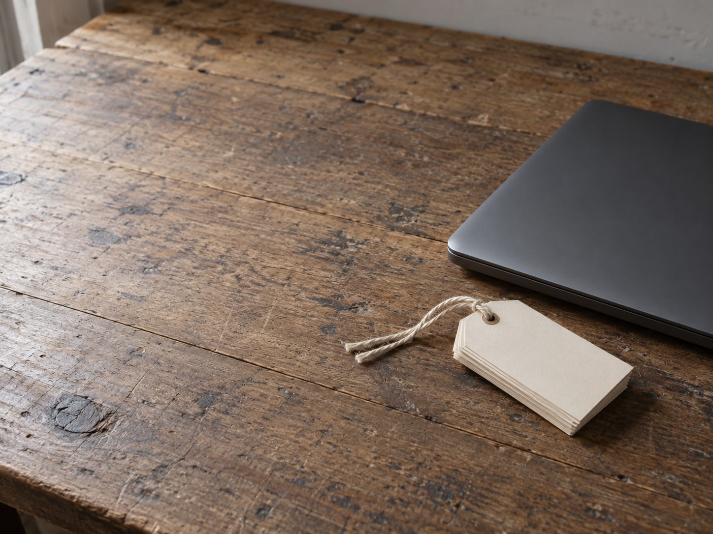 A neat stack of blank product tags tied with string beside a closed laptop on a clean workbench.