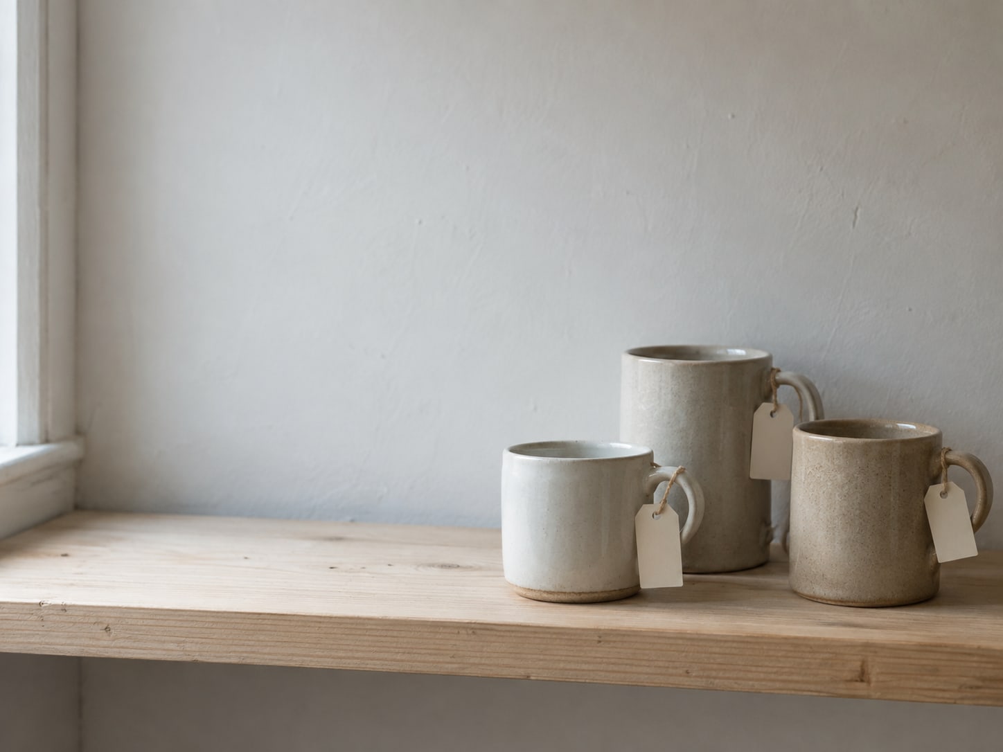 Three plain ceramic mugs of different sizes on a shelf, each with a blank paper tag tied to its handle.