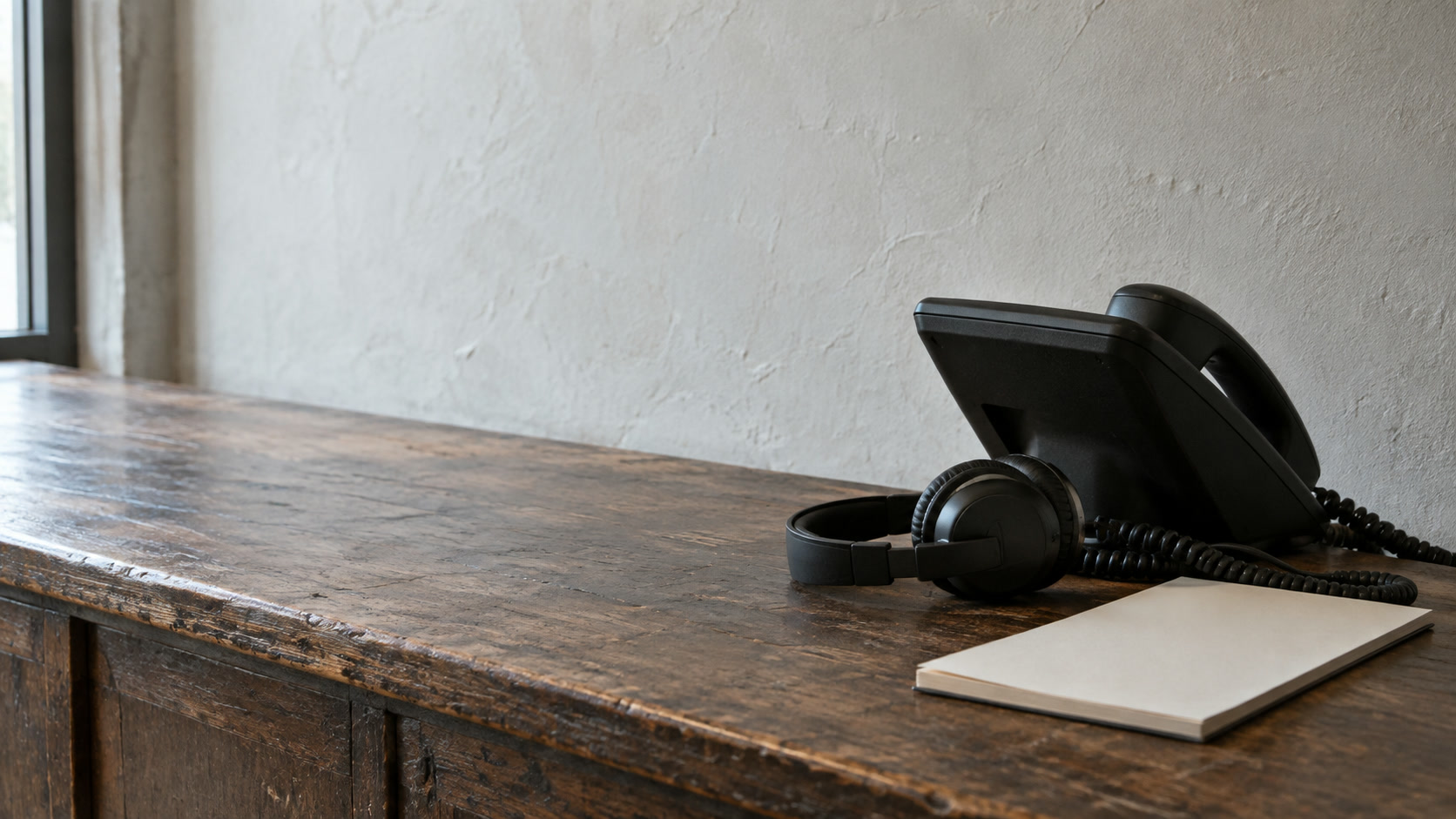 A desk phone with its handset in the cradle beside a coiled headset and a blank notepad on a reception counter.