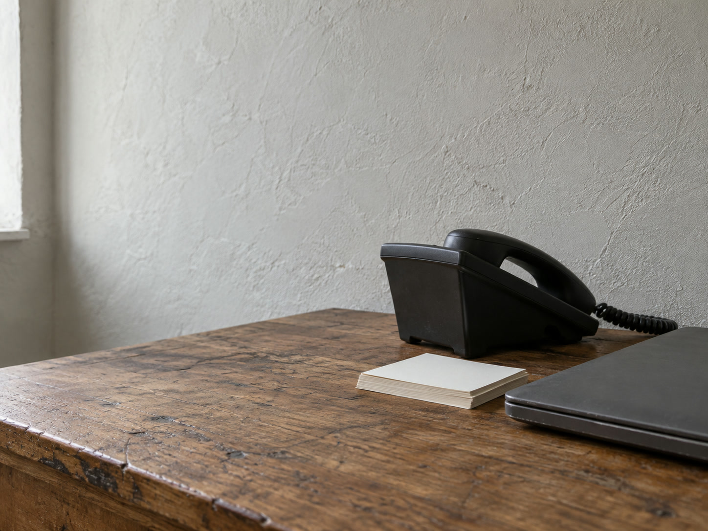 A closed laptop beside a desk phone and a small stack of blank index cards on a wooden counter.
