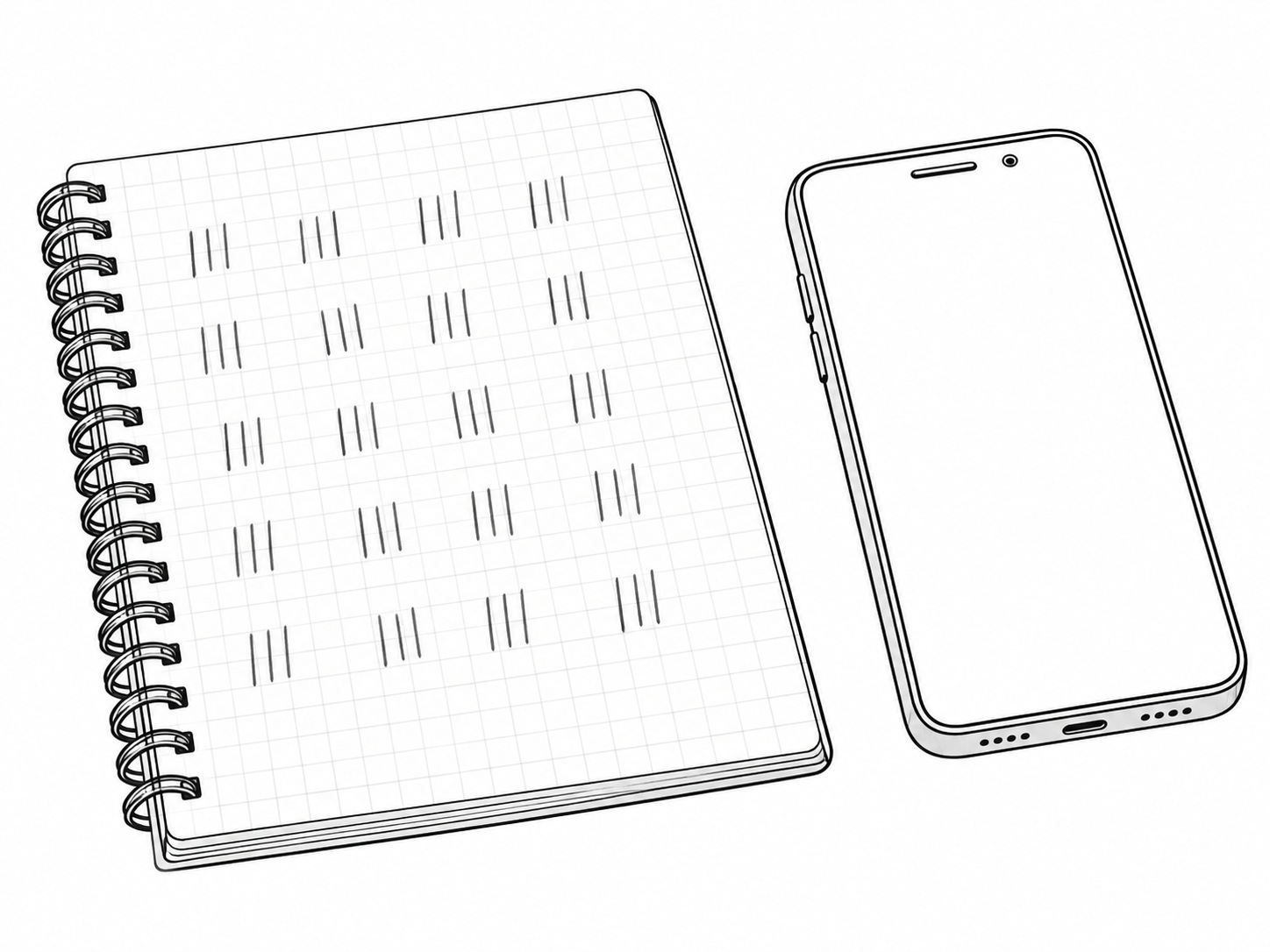A spiral notebook with faint pencil tally marks lying open beside a switched-off phone on a kitchen table.