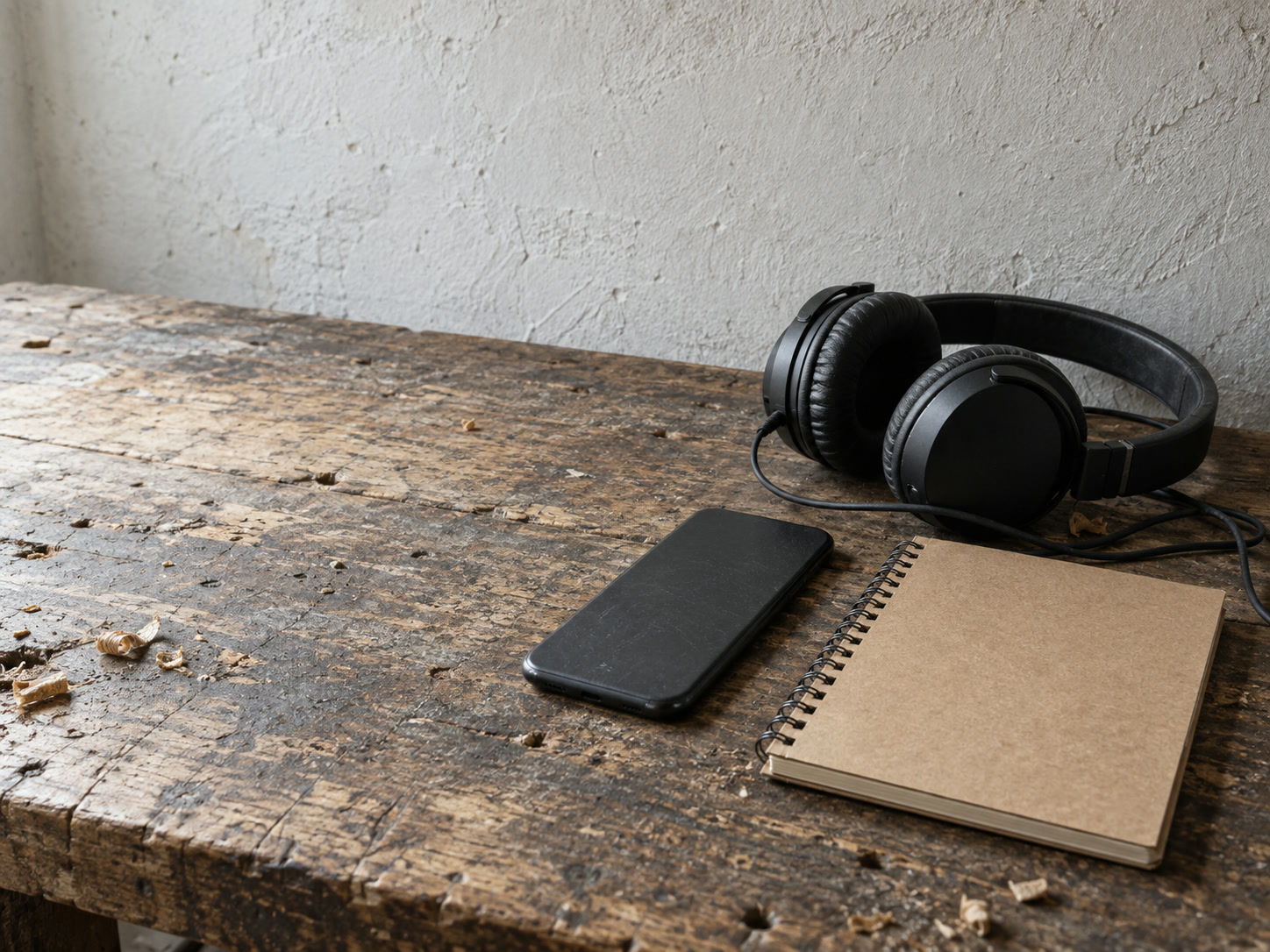 A face-down phone on a workbench beside a coiled headset and a closed spiral notebook.