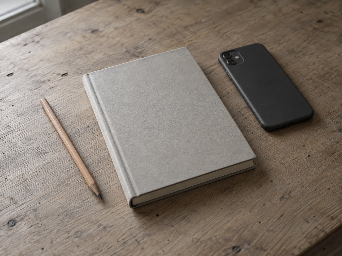 A closed notebook, a sharpened pencil and a face-down phone on a clean wooden workbench in soft daylight.