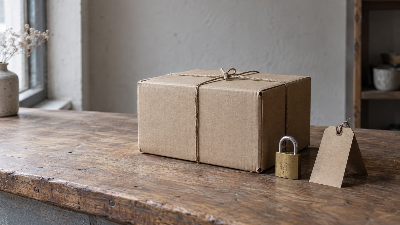A plain cardboard parcel, a small brass padlock and a folded blank price tag arranged on a wooden shop counter in soft daylight.