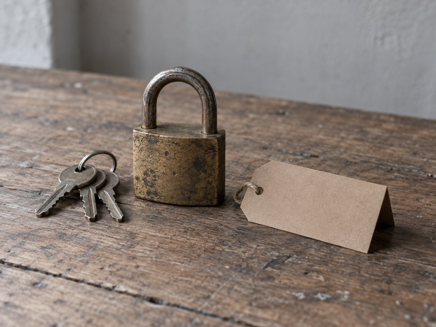 A small brass padlock and a ring of keys lying on a worn wooden desk next to a folded blank price tag.