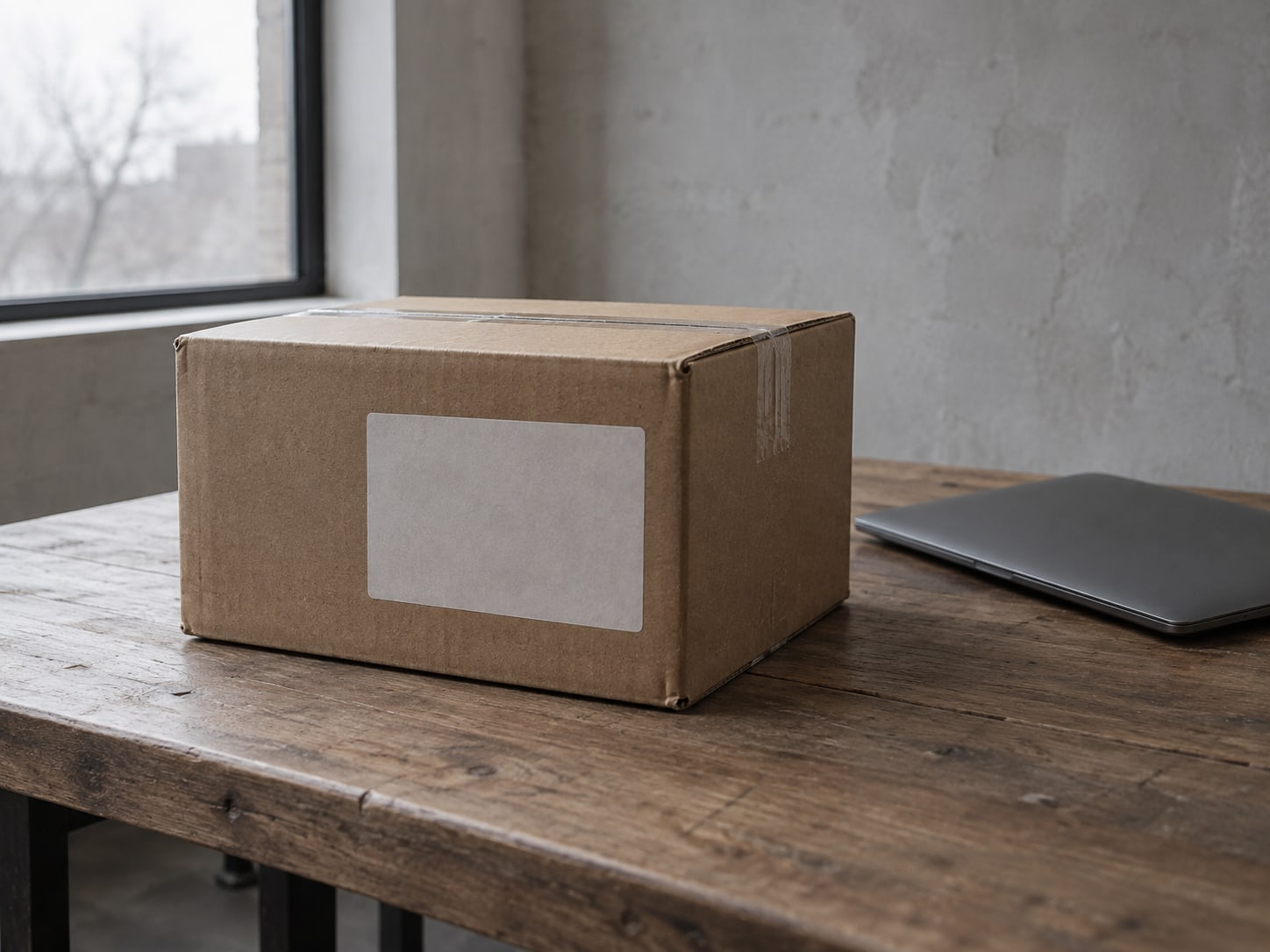 A plain cardboard shipping box with a blank label resting on a wooden shop counter beside a closed laptop.