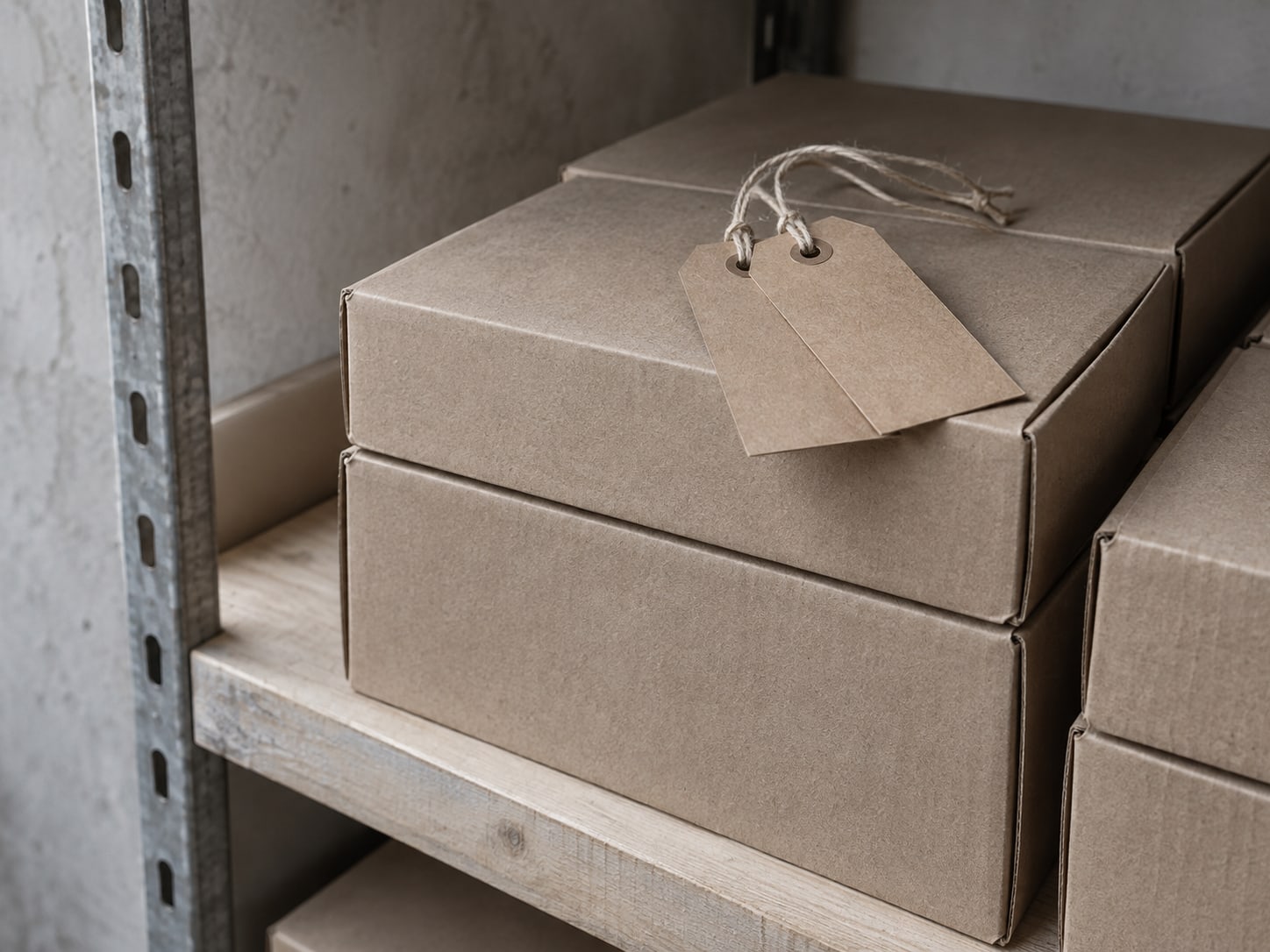 Blank kraft paper price tags on loose string resting on a neat stack of plain product boxes on a stockroom shelf.