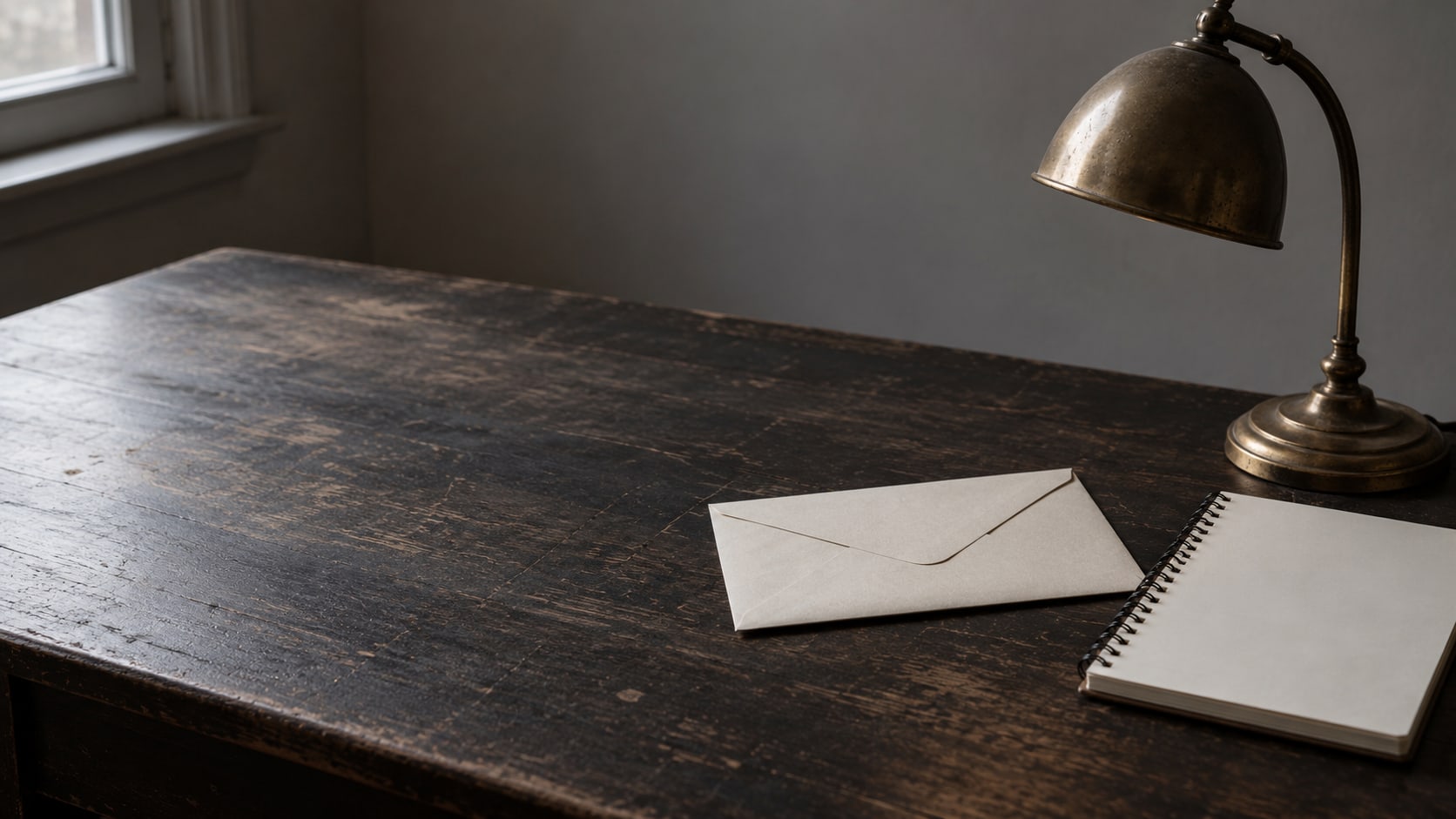 A single sealed envelope and a brass desk lamp on a dark wooden table, with a blank notepad beside them.
