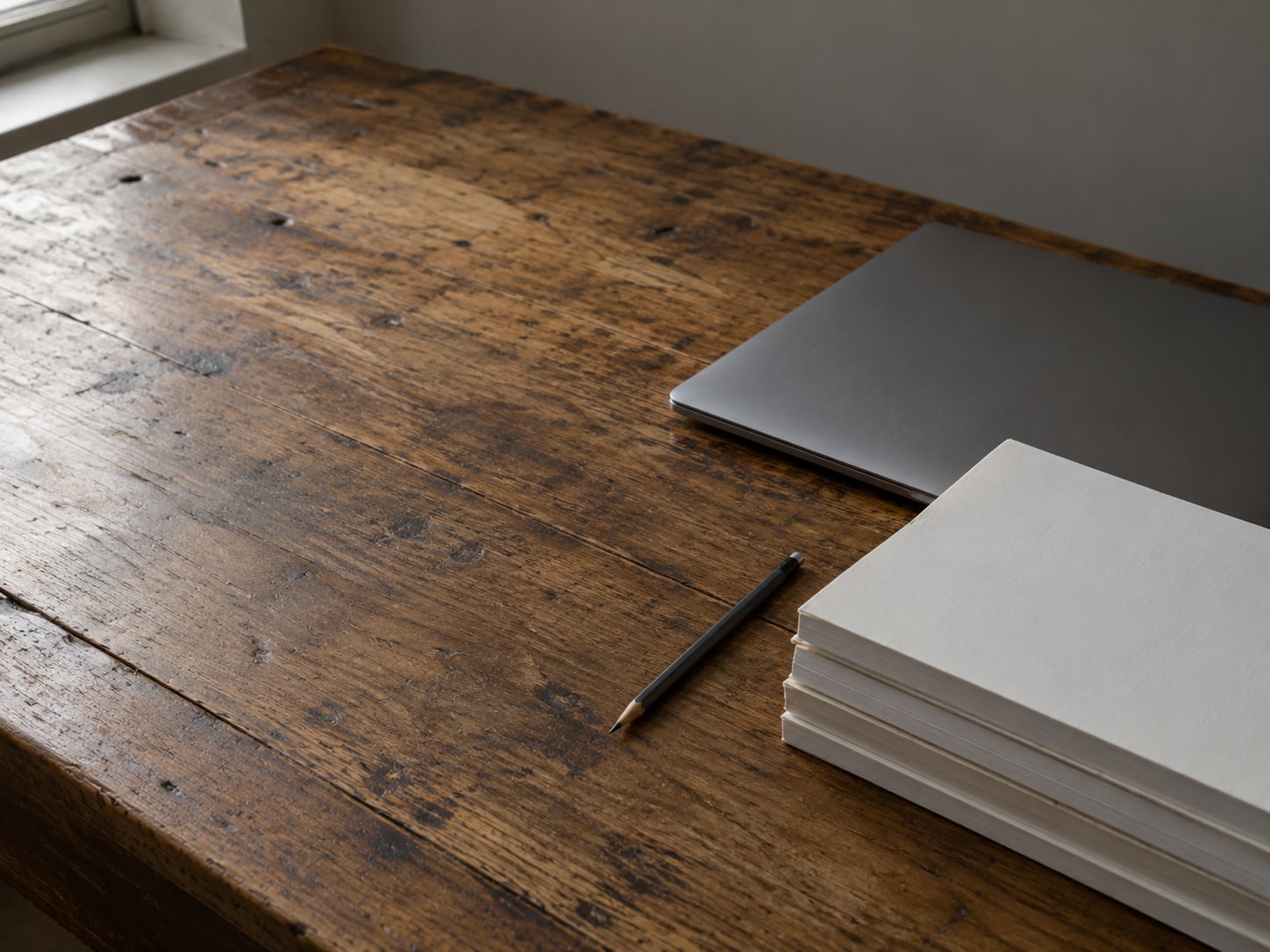 A closed laptop beside a stack of bound paper sets and a pencil on a worn wooden desk.
