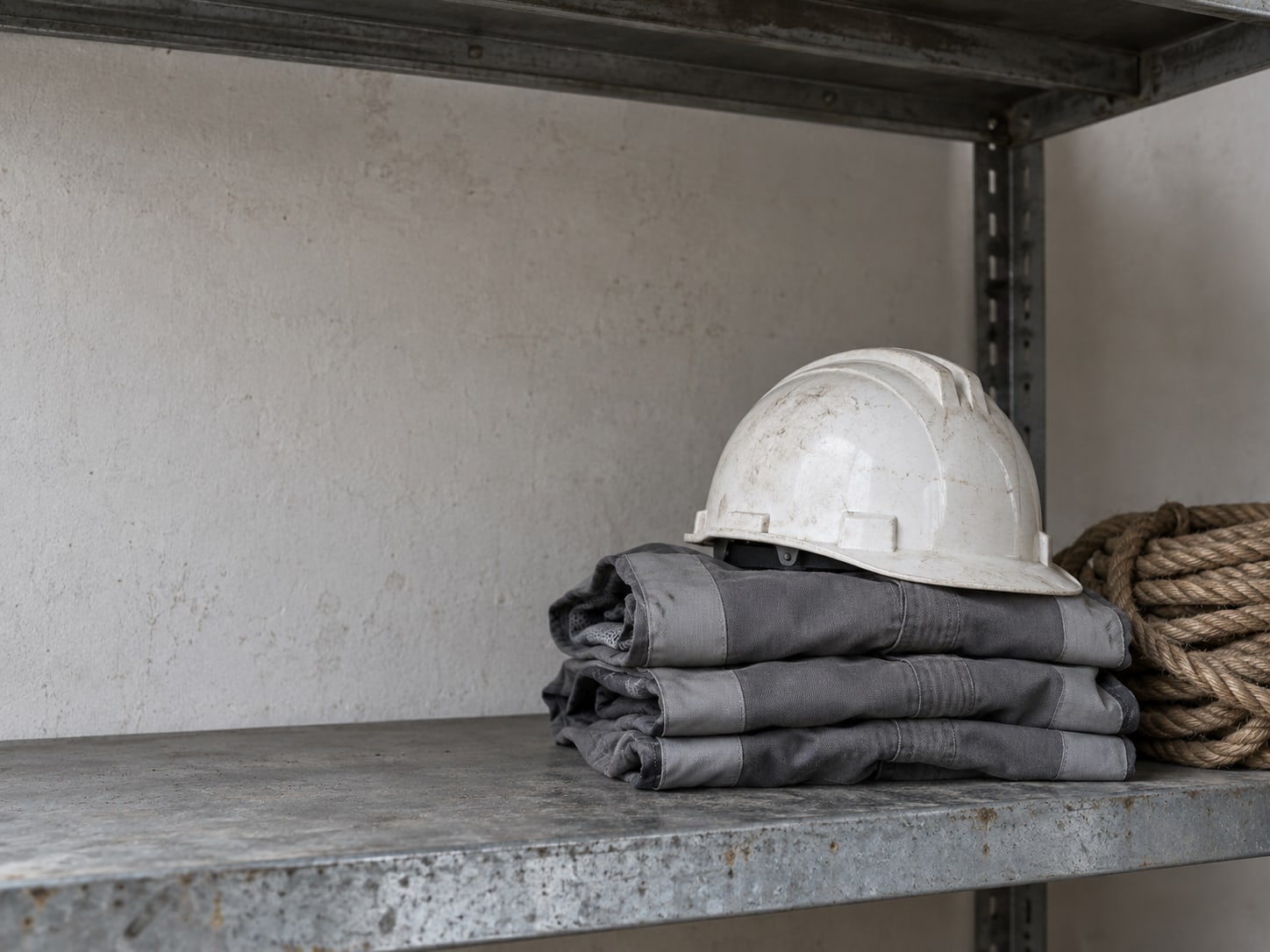 A small stack of folded work vests and a hard hat on a metal shelf beside a coil of rope.
