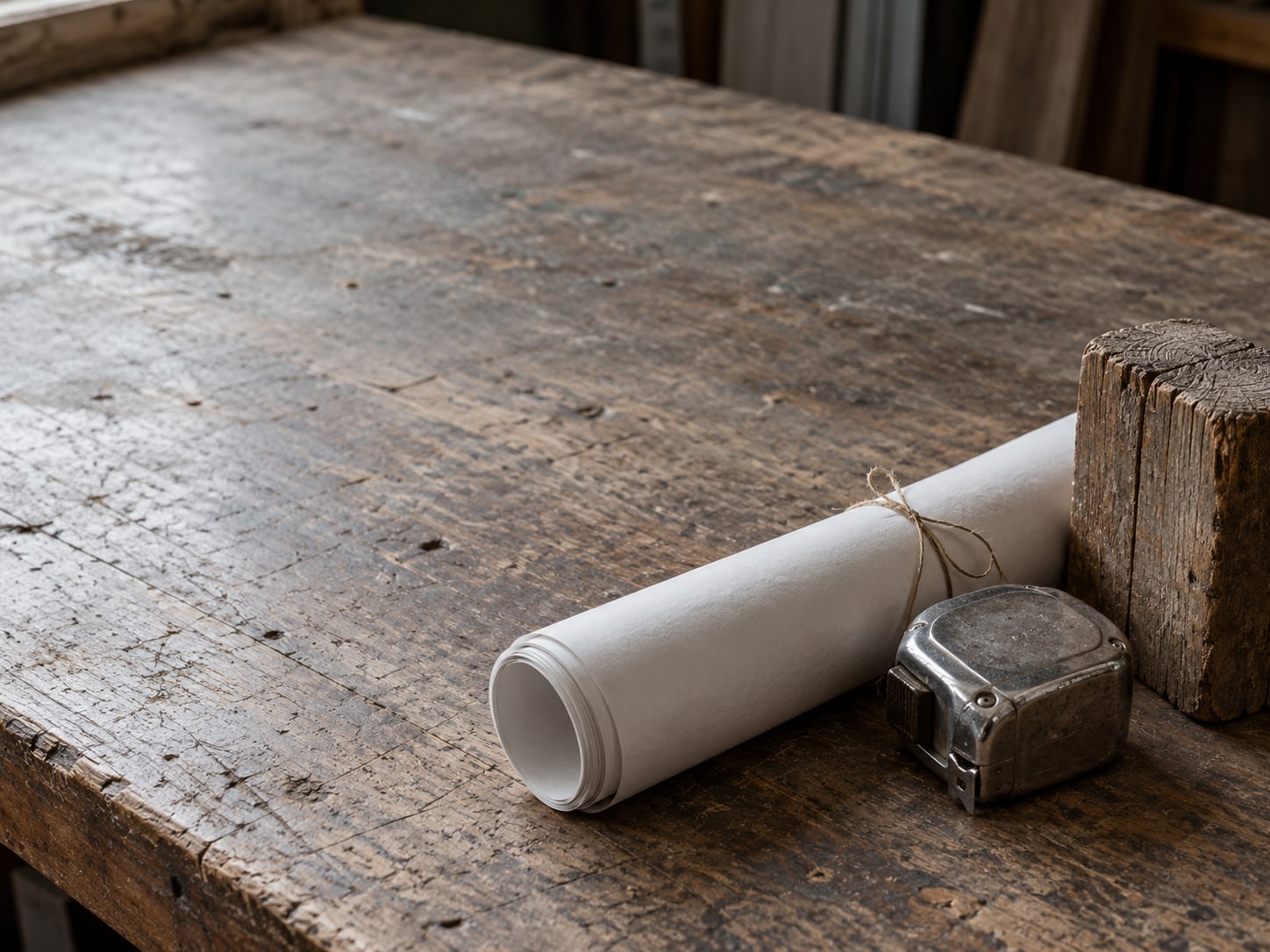 A rolled set of plans tied with string beside a tape measure and a short wooden fence post on a workshop bench.