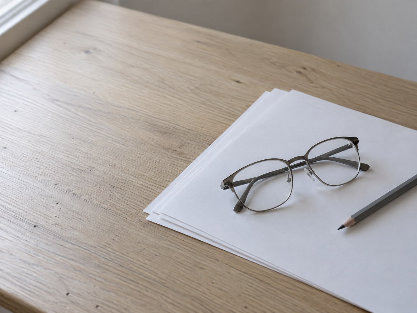 A pair of reading glasses rests on a stack of blank sheets of paper beside a pencil on a clean desk.