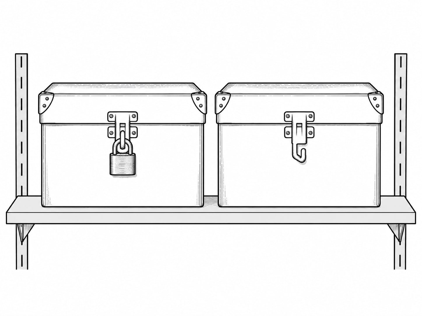 Two identical metal filing boxes sit side by side on a shelf, one with a small padlock on its latch and one without.