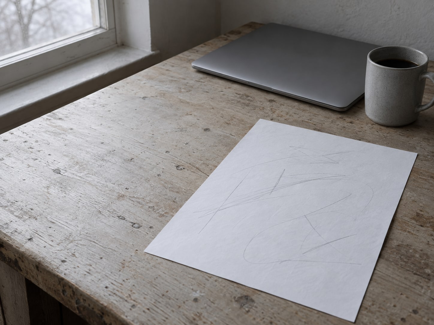 A single printed sheet of paper with unreadable pencil marks lies on a wooden desk beside a closed laptop and a coffee mug.