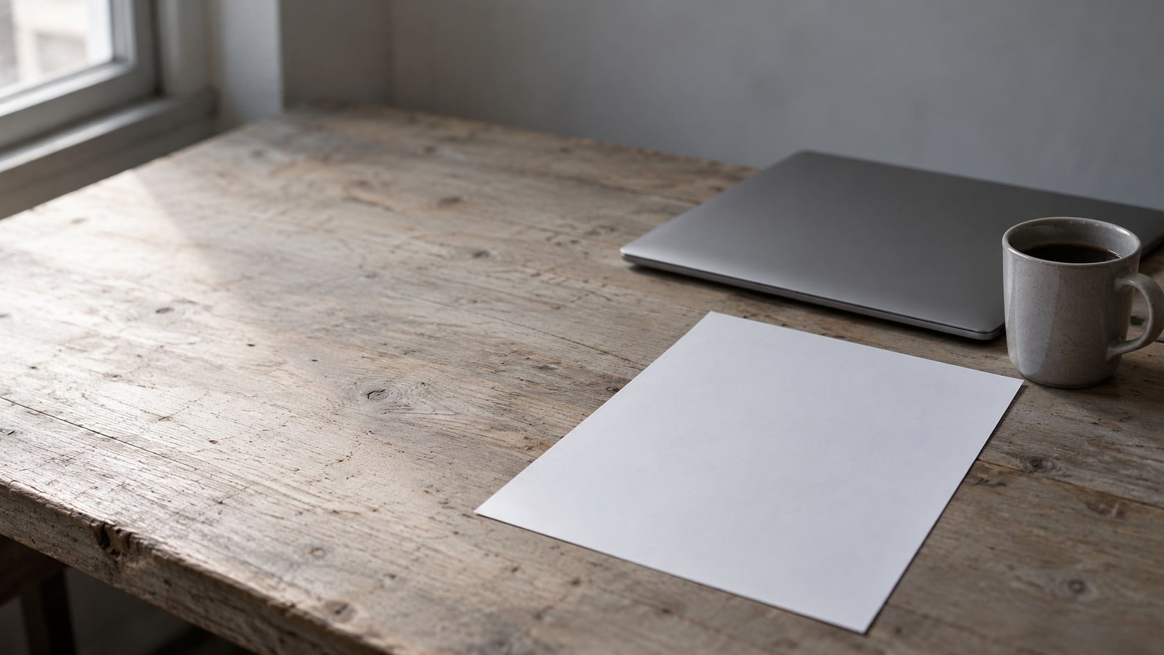 A single printed sheet of paper beside a closed laptop and a coffee mug on a wooden desk.