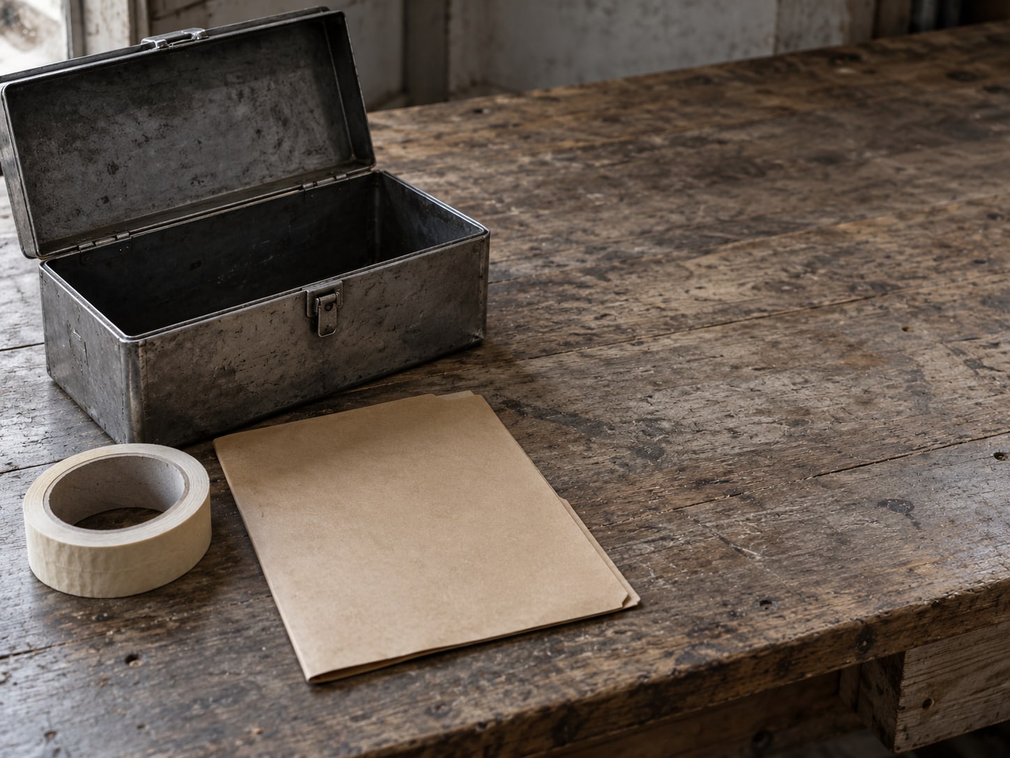 A small toolbox with its lid open beside a plain folder and a roll of blank tape on a workbench.